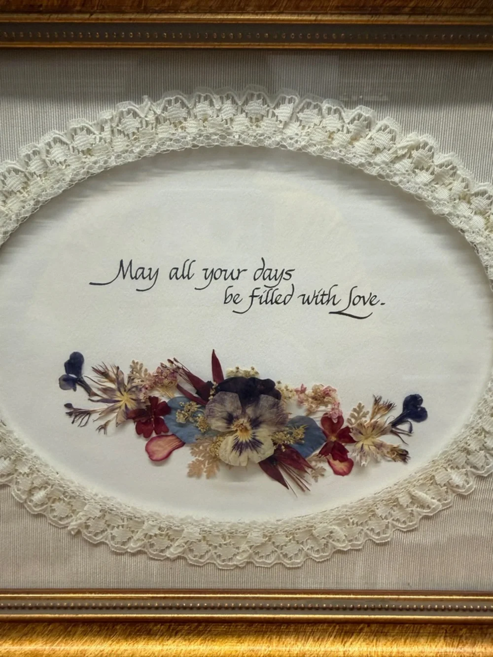 Framed Floral Sentiment Wall Art - Gold Frame, Cream Lace Mat grandmacore